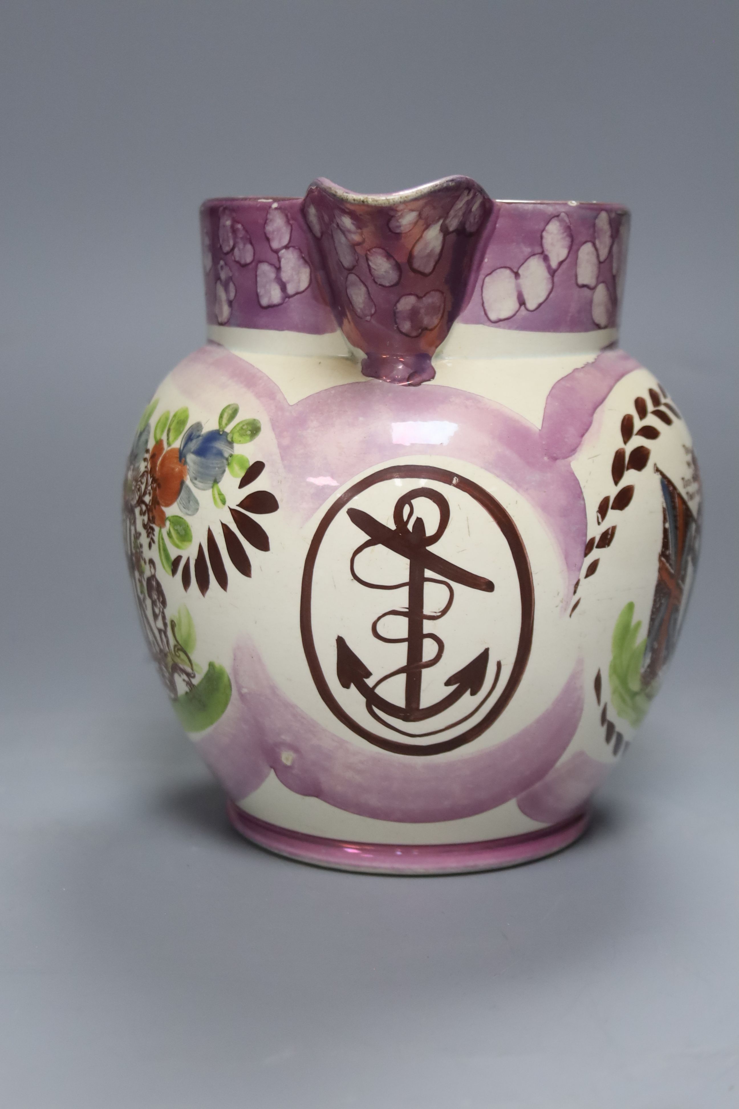 A 19th century Sunderland pink lustre jug, Masons Arms, height 18cm